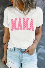 White Checkered MAMA Letter Graphic T Shirt