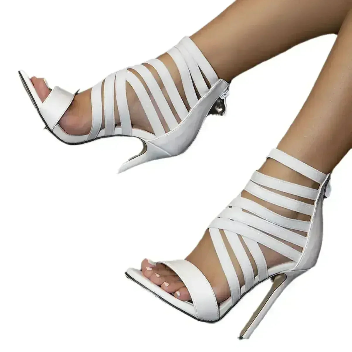 White Lace-up Winding Stiletto Heel Roman Shoes Women - Femstylo