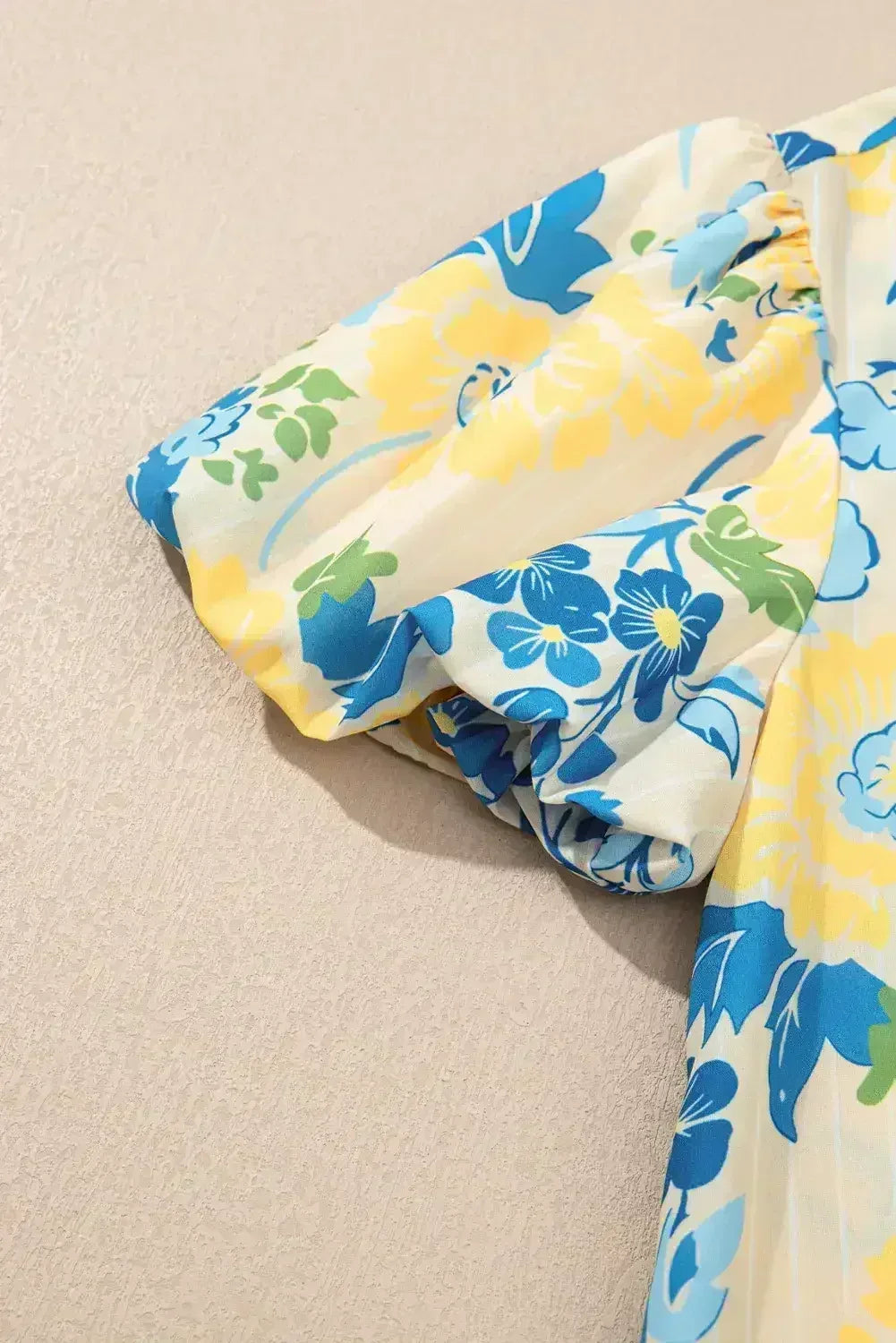 Blue Floral Print Striped Trim Puff Sleeve Mini Dress - Femstylo