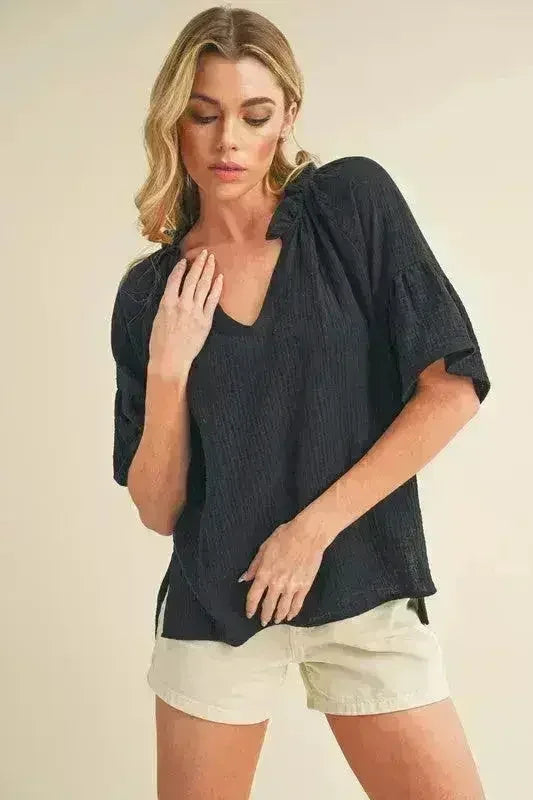 Aemi + Co Side Slit Notched Ruffled Half Sleeve Blouse - Femstylo