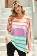 Multicolour Striped Ribbed Edge Gradient Loose Sweater - Femstylo