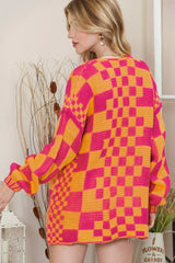 Taupe Colorblock Checked Open Front Knitted Cardigan