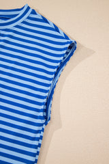 Black Stripe Ribbed Cap Sleeve Round Neck T Shirt