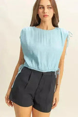 HYFVE Bubble Hem Side Tie Detail Round Neck Sleeveless Blouse - Femstylo