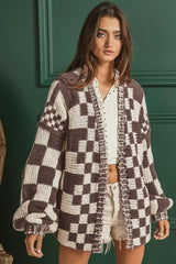 Taupe Colorblock Checked Open Front Knitted Cardigan