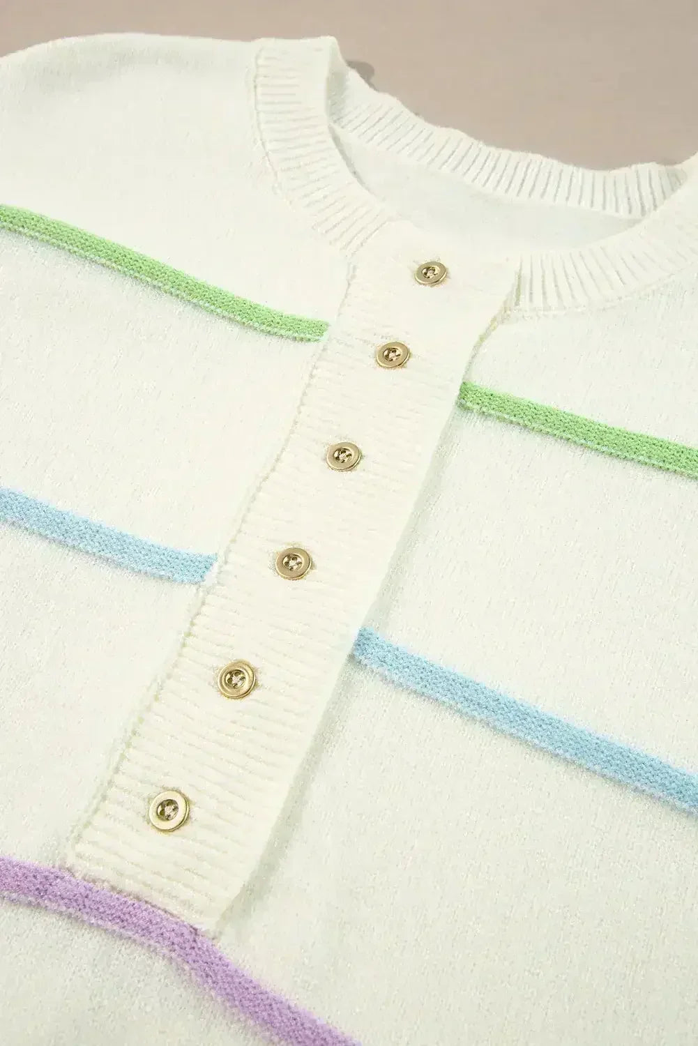 White Rainbow Striped Drop Sleeve Henley Sweater - Femstylo