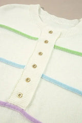 White Rainbow Striped Drop Sleeve Henley Sweater - Femstylo