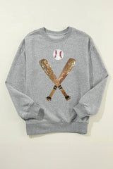 Gray Sequin Baseball Graphic Crewneck Game Day Sweatshirt - Femstylo