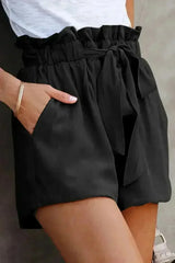 Ruffled Tied Waist Solid Shorts - Femstylo