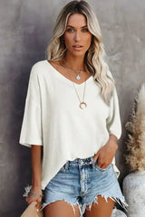 White Waffle Texture V Neck Drop Shoulder Loose Tee - Femstylo