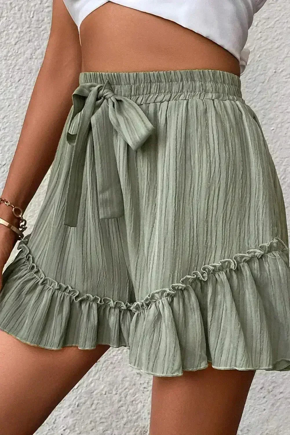 Laurel Green Textured Tie Waist Ruffle Hem Shorts - Femstylo