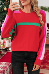 Fiery Red Colorblock Striped Long Sleeve Knit Sweater