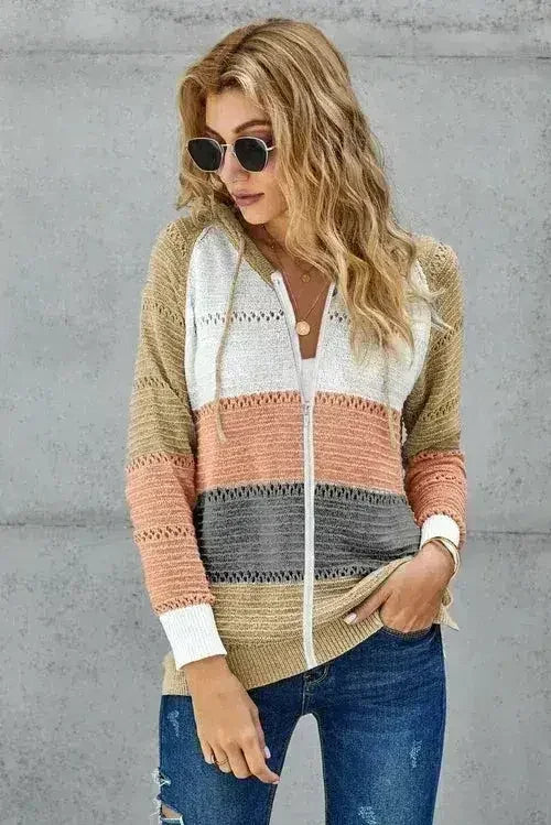 Womens Multicolor Zipped Front Colorblock Hollow-out Knit Hoodie - Femstylo