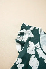 Dark Green Floral Print Ruffle Sleeve Empire Waist Mini Dress - Femstylo