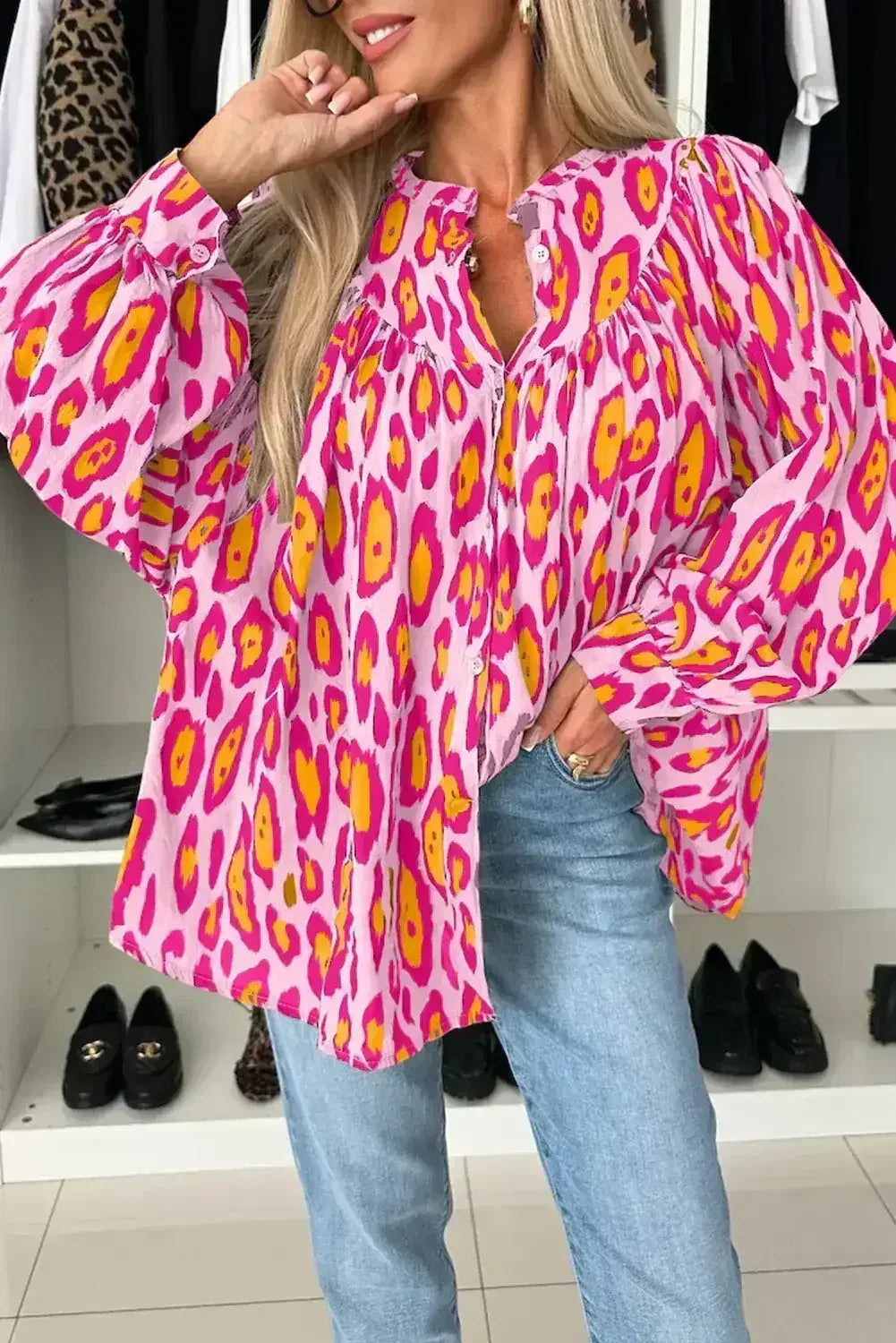 Light Leopard Print Balloon Sleeve Loose Blouse | Femstylo - Femstylo