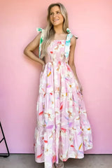 Pink Floral Print Knotted Shoulder Smocked Maxi Dress - Femstylo