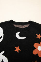 Black Halloween Mythical Night Pattern Drop Shoulder Sweater