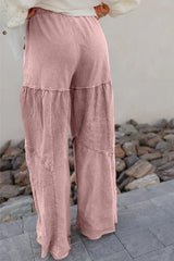 Mineral Wash Tiered Wide Leg Patchwork Drawstring Pants