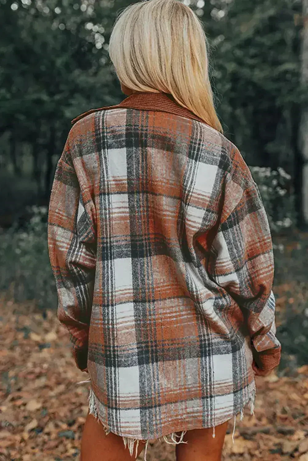 Cinnamon Plaid Corduroy Patchwork Chest Pocket Shacket - Femstylo