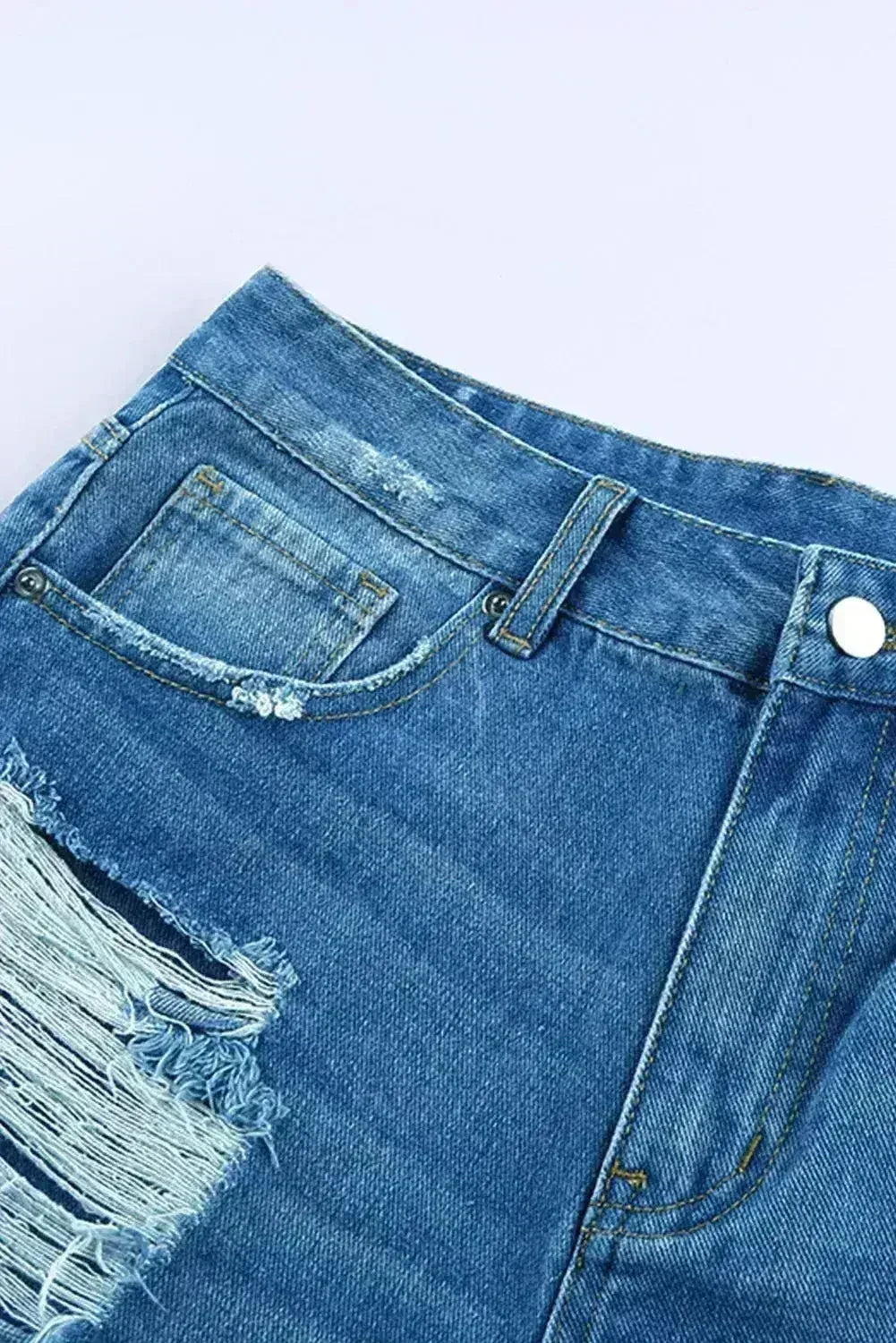 Distressed Mid Rise Frayed Hem Denim Shorts - Femstylo