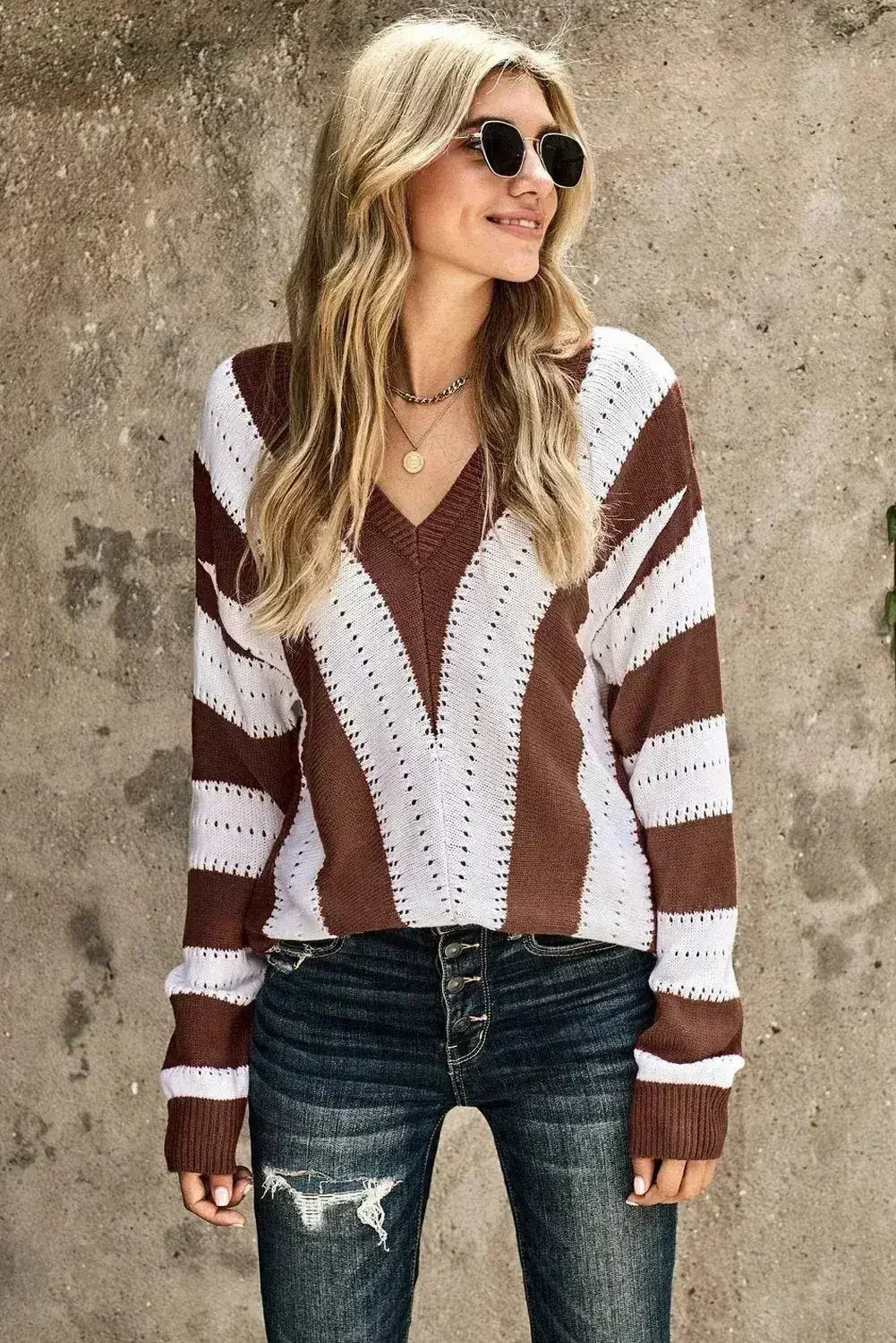 Fashion Brown Striped Colorblock V Neck Knitted Sweater - Femstylo