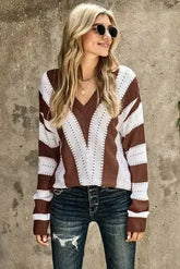 Fashion Brown Striped Colorblock V Neck Knitted Sweater - Femstylo