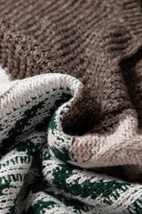 Brown Colorblock Patchwork Knotted Back Loose Fit Sweater