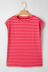Black Stripe Ribbed Cap Sleeve Round Neck T Shirt