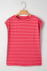Black Stripe Ribbed Cap Sleeve Round Neck T Shirt