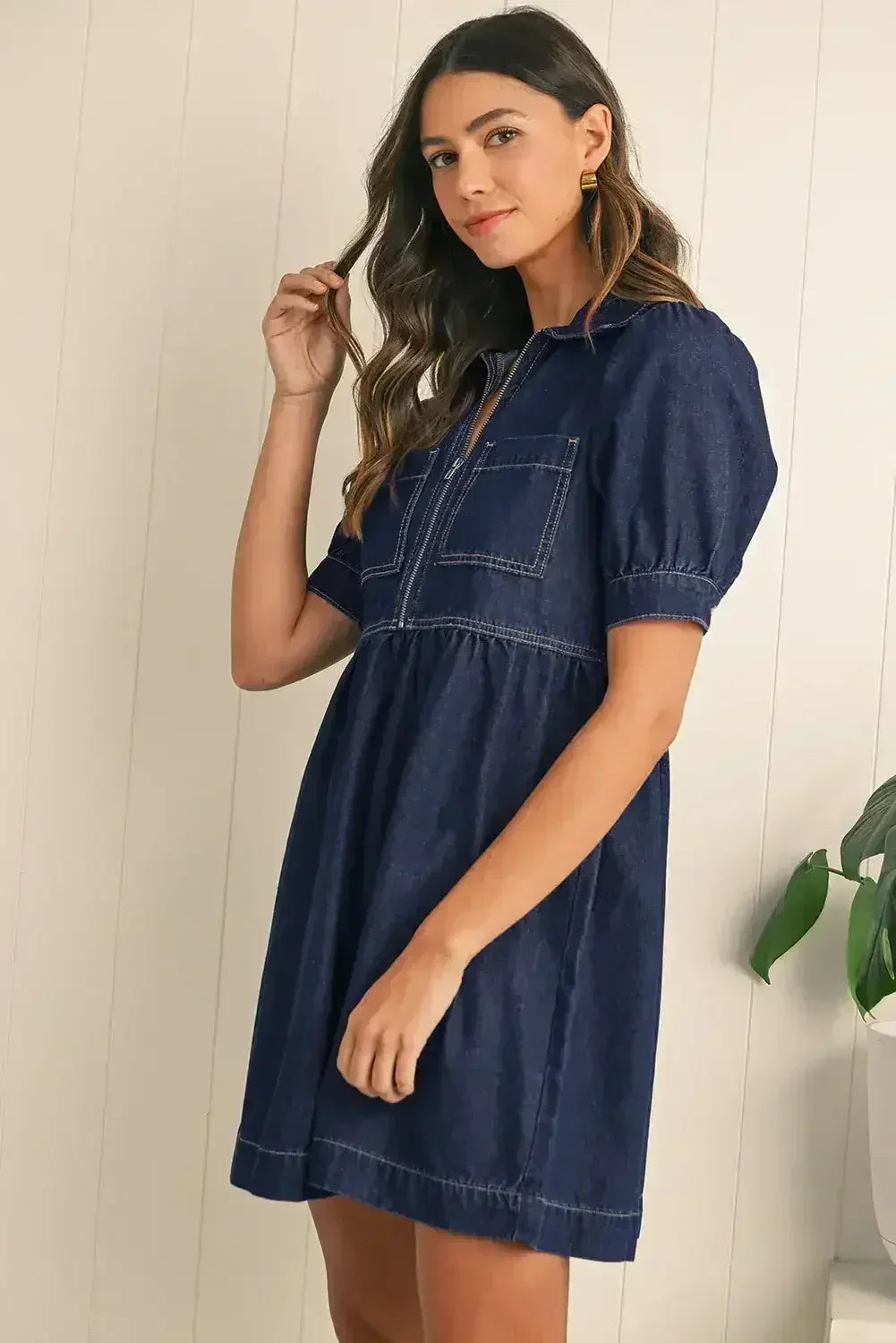 Dirty Blue Puff Sleeve Half Zipper Denim Flowy Dress - Femstylo