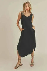 Cotton Midi Tank Dress with Pockets – Casual & Comfortable - Femstylo