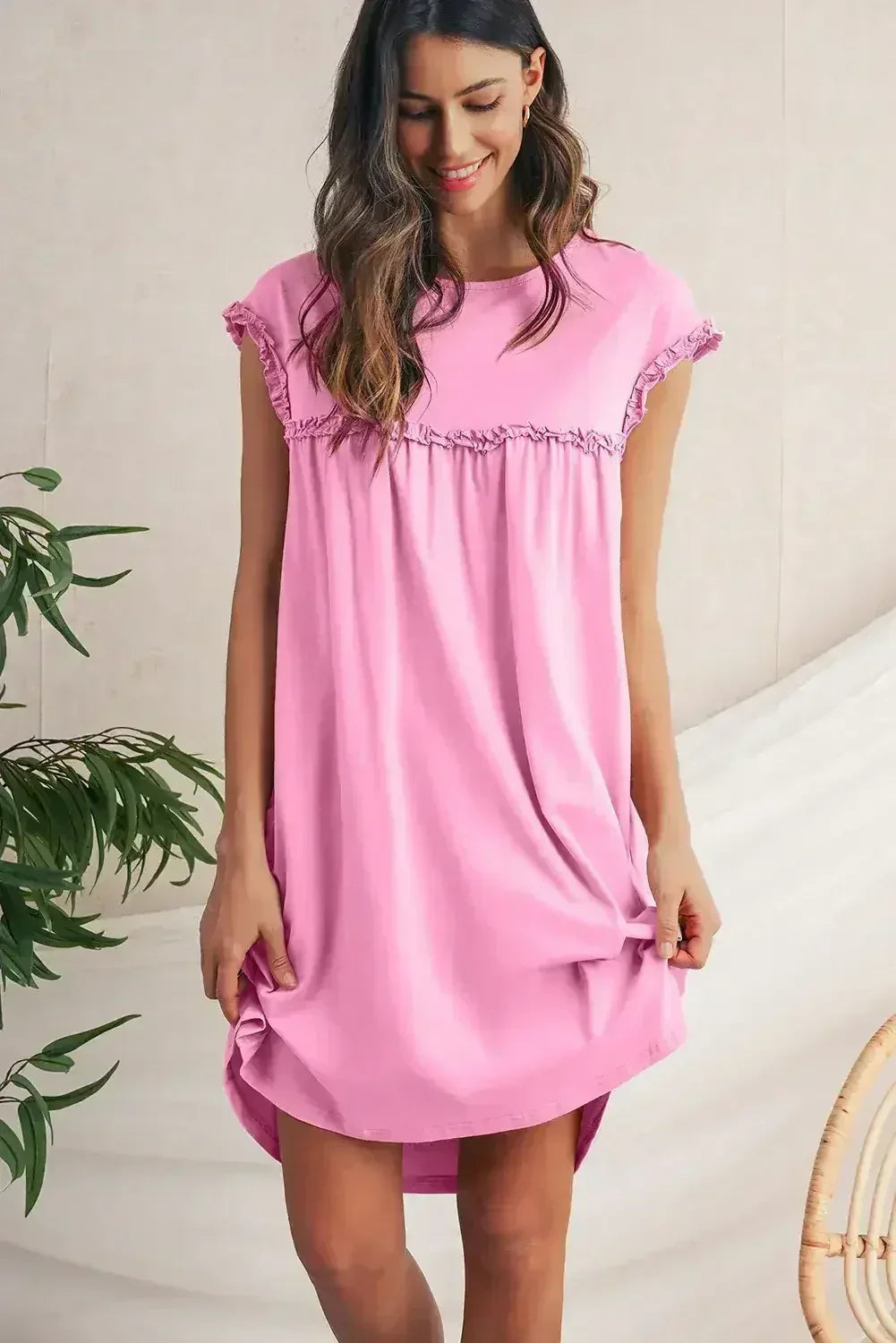 Oatmeal Frilled Trim Crewneck Loose Fit Mini Dress - Femstylo