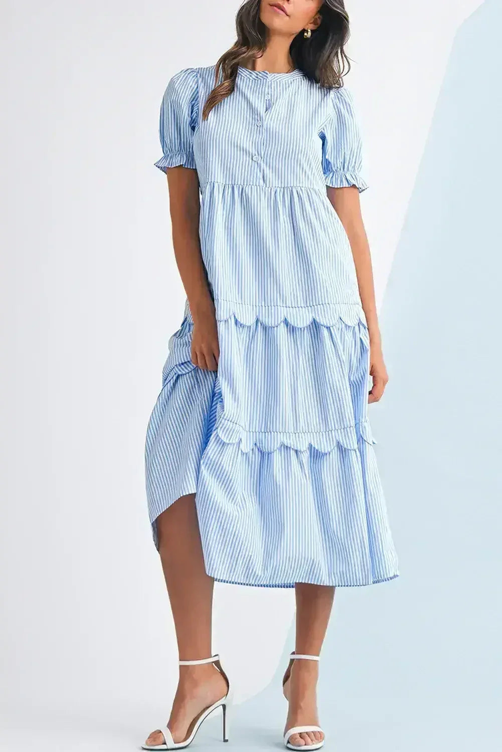 Sky Blue Stripe Bubble Sleeve Scallop Tiered Dress - Femstylo