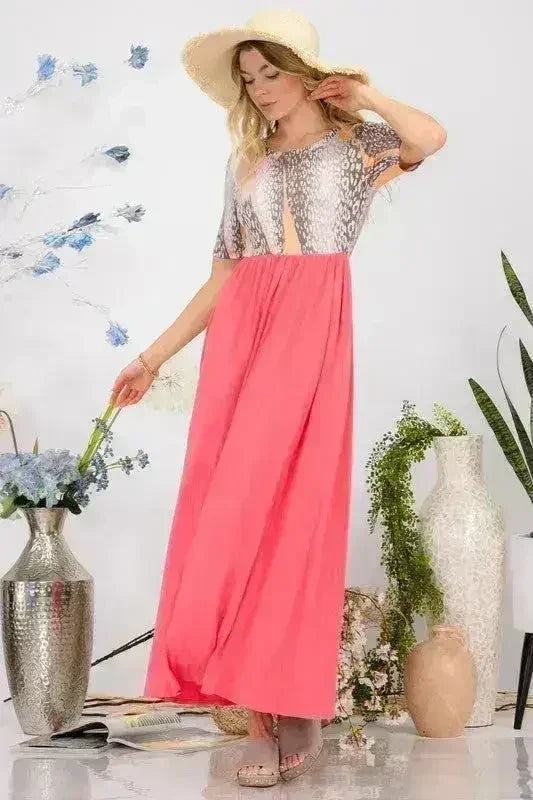 Celeste Full Size Leopard Round Neck Short Sleeve Maxi Dress Plus Size - Femstylo