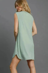 Umgee Round Neck Sleeveless High-Low Curved Hemline Mini Dress - Femstylo