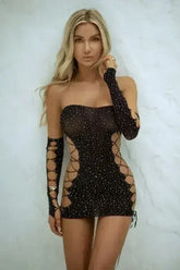 Yelete Rhinestone Lace Up Body Stocking with Gloves - Femstylo