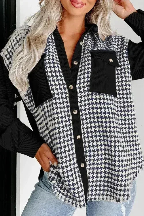 Black Houndstooth Corduroy Patchwork Flap Pocket Shacket - Femstylo