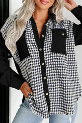 Black Houndstooth Corduroy Patchwork Flap Pocket Shacket - Femstylo