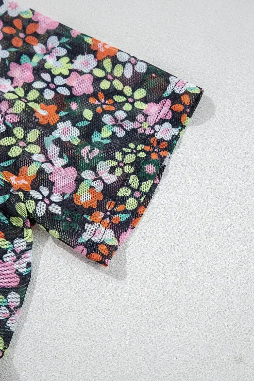 Black Sheer Mesh Floral Round Neck T Shirt with Camisole - Femstylo