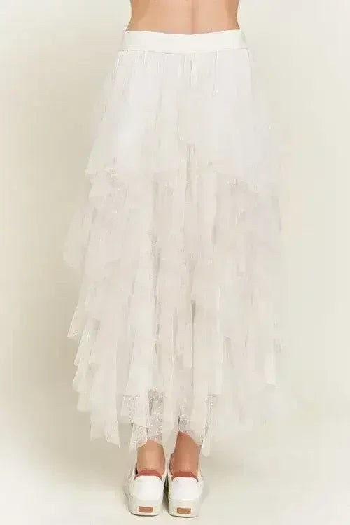 LAYERED POLKA DOT MESH LINED A-LINE MIDI SKIRT - Femstylo