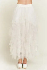 LAYERED POLKA DOT MESH LINED A-LINE MIDI SKIRT - Femstylo