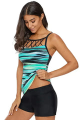 Greenish Tie Dye Striped Strappy High Neck Tankini Top - Femstylo