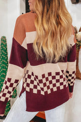 Brown Checkered Colorblock Knitted Drop Shoulder Sweater
