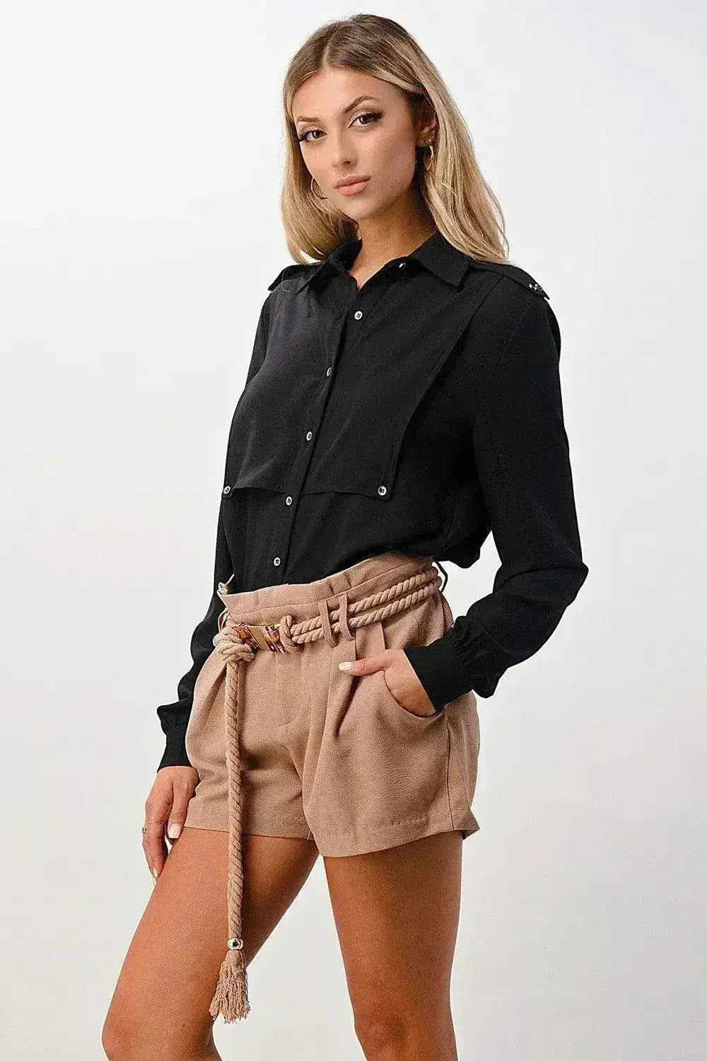 Long Sleeve Button-Down Blouse with Gold Button Accents - Femstylo