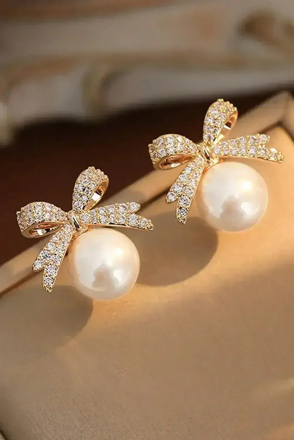 Gold Rhinestone Bowknot Pearl Earrings - Femstylo
