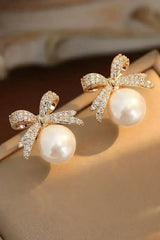 Gold Rhinestone Bowknot Pearl Earrings - Femstylo
