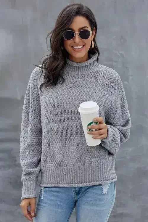 New Gray Chunky Batwing Long Sleeve Turtleneck Sweater - Femstylo
