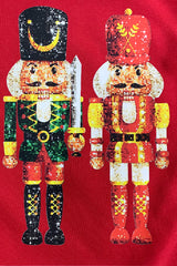 Red Christmas Metallic Nutcracker Heat Transfer Printing Graphic Crew Neck Sweatshirt
