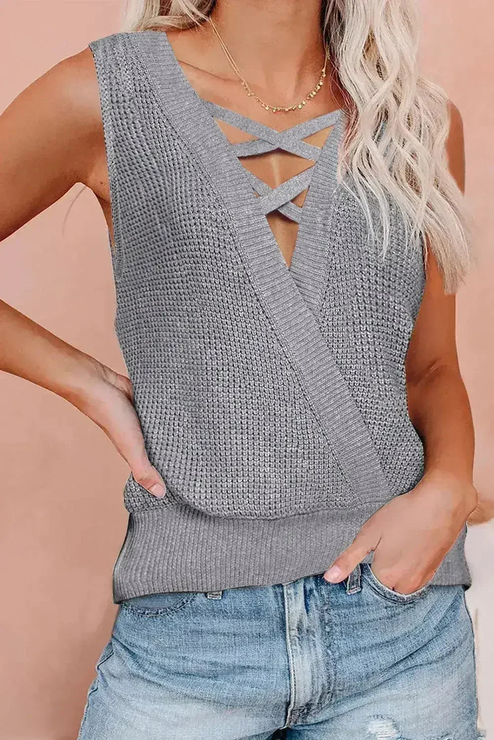 Gray Crisscross Hollow-out Knit Tank Top - Femstylo
