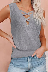 Gray Crisscross Hollow-out Knit Tank Top - Femstylo